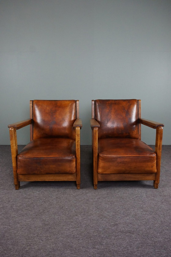 Image 1 of Set van 2 Art Deco/ Amsterdamse school schapenleren fauteuils