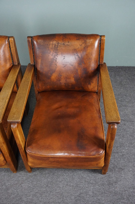 Image 1 of Set of 2 Art Deco / Amsterdam school sheep leather armchairs