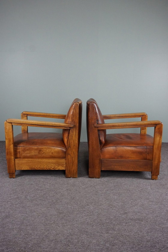 Image 1 of Set of 2 Art Deco / Amsterdam school sheep leather armchairs