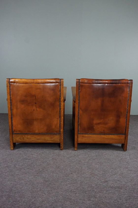 Image 1 of Set of 2 Art Deco / Amsterdam school sheep leather armchairs