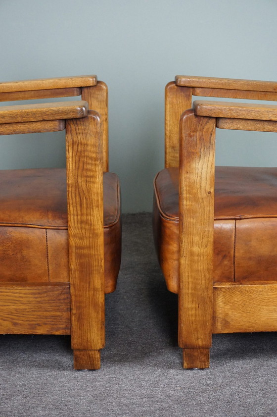 Image 1 of Set of 2 Art Deco / Amsterdam school sheep leather armchairs