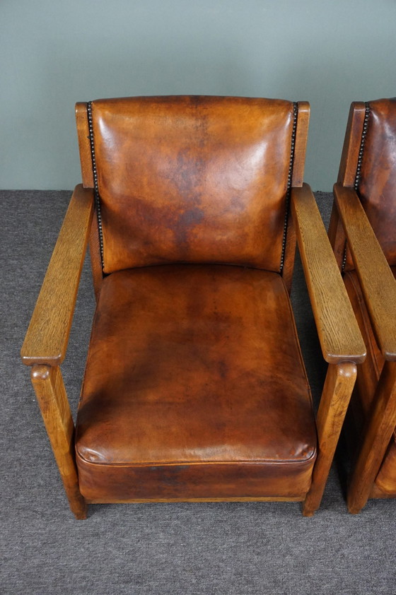 Image 1 of Set of 2 Art Deco / Amsterdam school sheep leather armchairs