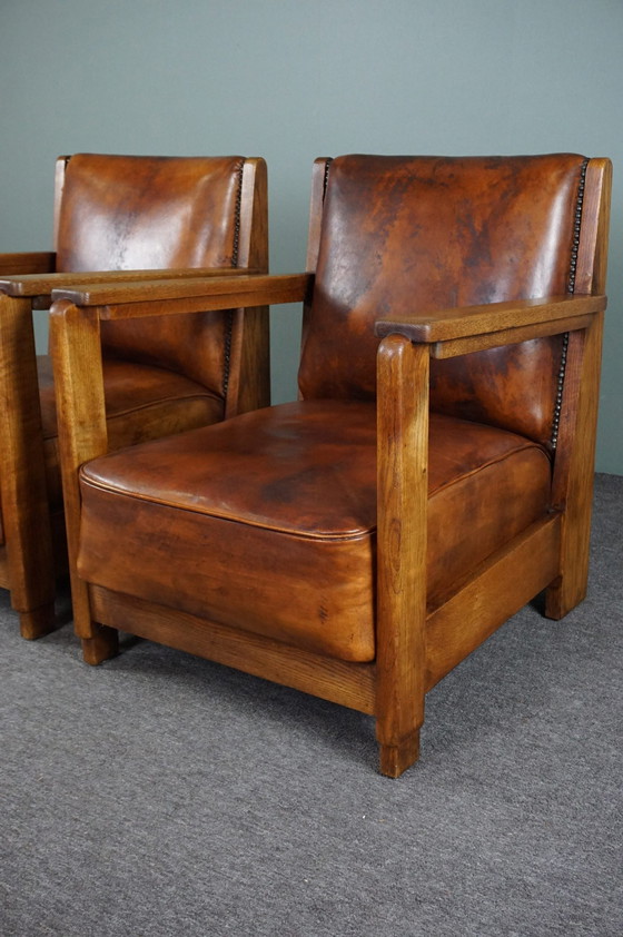 Image 1 of Set of 2 Art Deco / Amsterdam school sheep leather armchairs