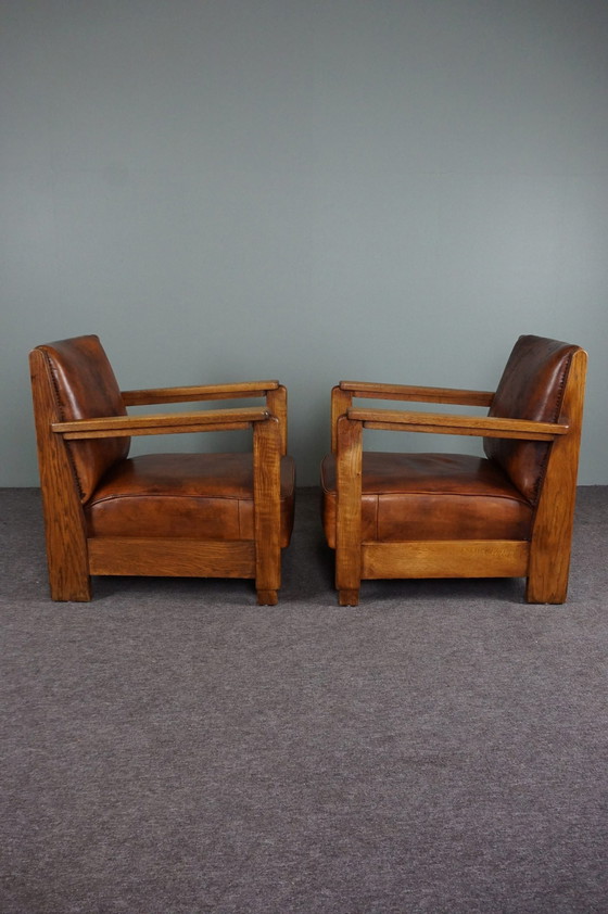 Image 1 of Set of 2 Art Deco / Amsterdam school sheep leather armchairs