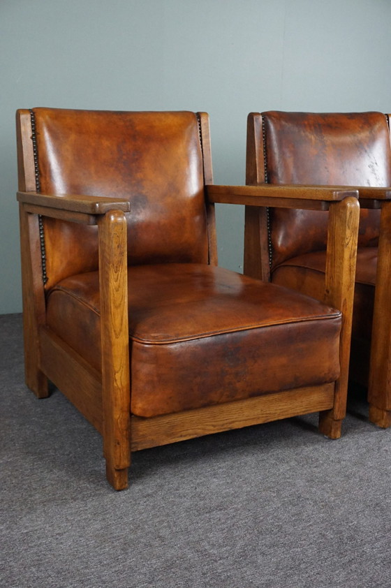 Image 1 of Set of 2 Art Deco / Amsterdam school sheep leather armchairs