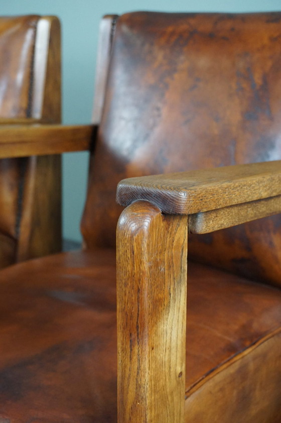 Image 1 of Set of 2 Art Deco / Amsterdam school sheep leather armchairs